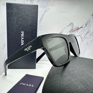 NEW PRADA Sunglasses Black Square Rectangle Gray Lens w/ Box & Case Authentic